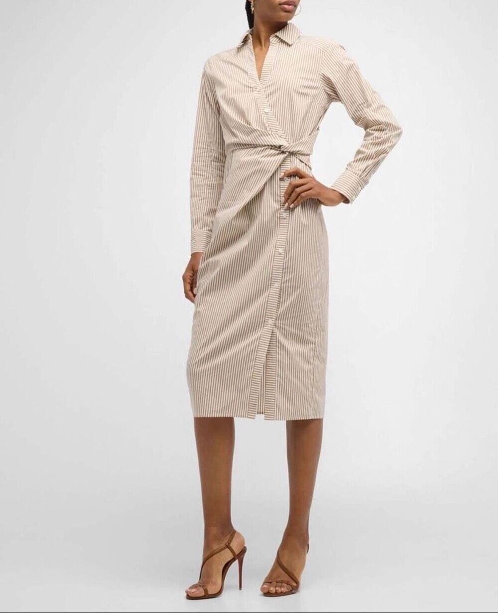 Veronica Beard Wright Cotton Shirt Dress in Tan White Stripe Size 6